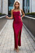 Numoco 483-5 DIANE satin long dress with a leg slit - raspberry color