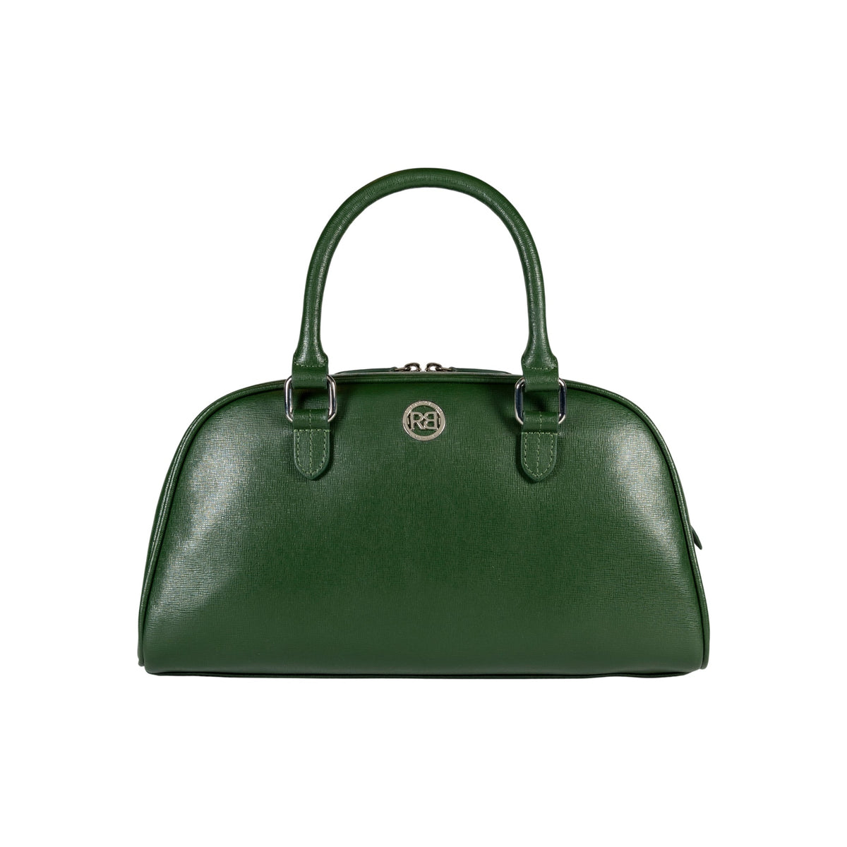 RB1034E | Borsa Bowling da Donna VIRGINIA in Vera Pelle Saffiano Made in Italy. Accessori in metallo Argento Lucido. Colore Verde. Dimensioni: cm 35 x 19 x 14,5 + 12 (Luce manici)