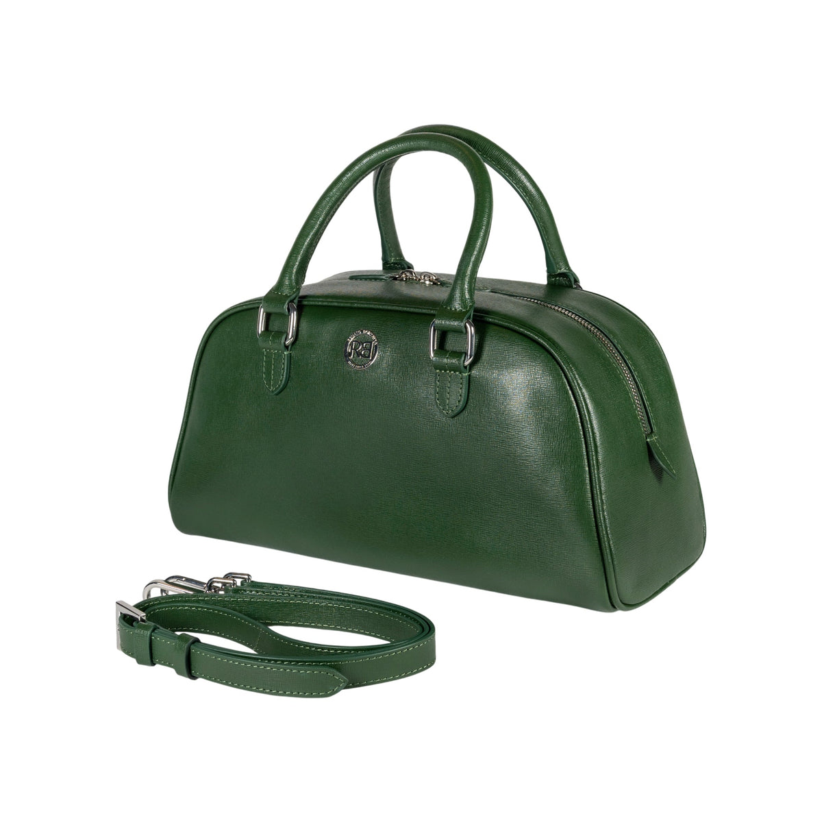 RB1034E | Borsa Bowling da Donna VIRGINIA in Vera Pelle Saffiano Made in Italy. Accessori in metallo Argento Lucido. Colore Verde. Dimensioni: cm 35 x 19 x 14,5 + 12 (Luce manici)