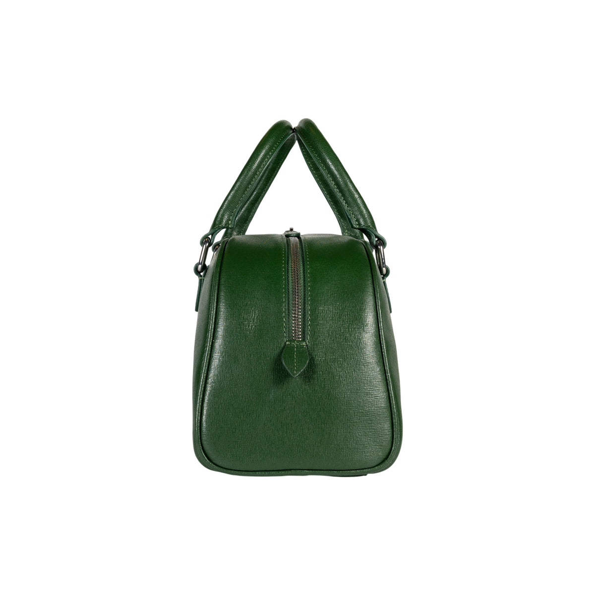 RB1034E | Borsa Bowling da Donna VIRGINIA in Vera Pelle Saffiano Made in Italy. Accessori in metallo Argento Lucido. Colore Verde. Dimensioni: cm 35 x 19 x 14,5 + 12 (Luce manici)